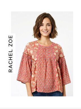 RACHEL ZOE - Boho pink cotton floral blouse